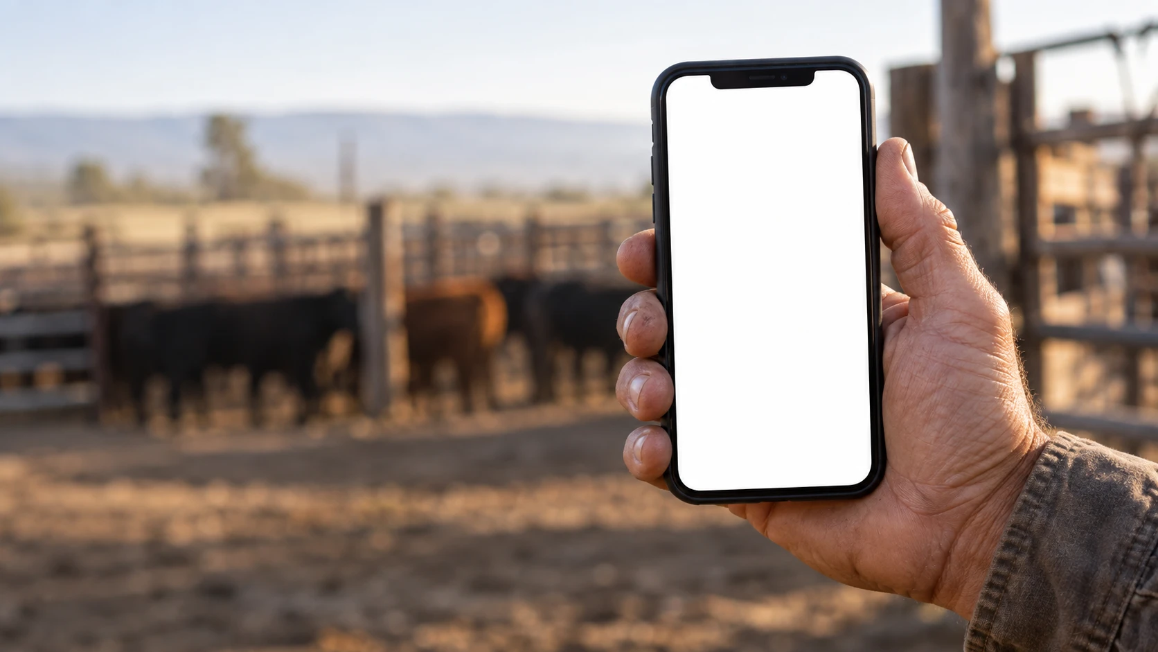 A rancher's hand holding a phone at a cattle pen